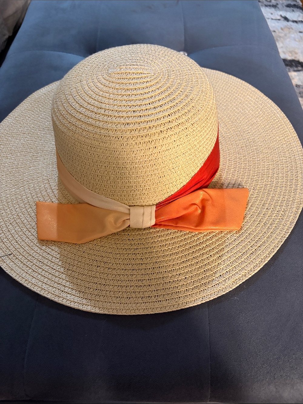 Natural Straw Wide-Brim Hat with Orange Ribbon Bow-NOT WORN!